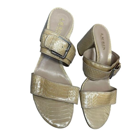 Ralph Lauren Farie Two Band Dress Slide Heeled Sandal Beige Snake 10B - Picture 6 of 13